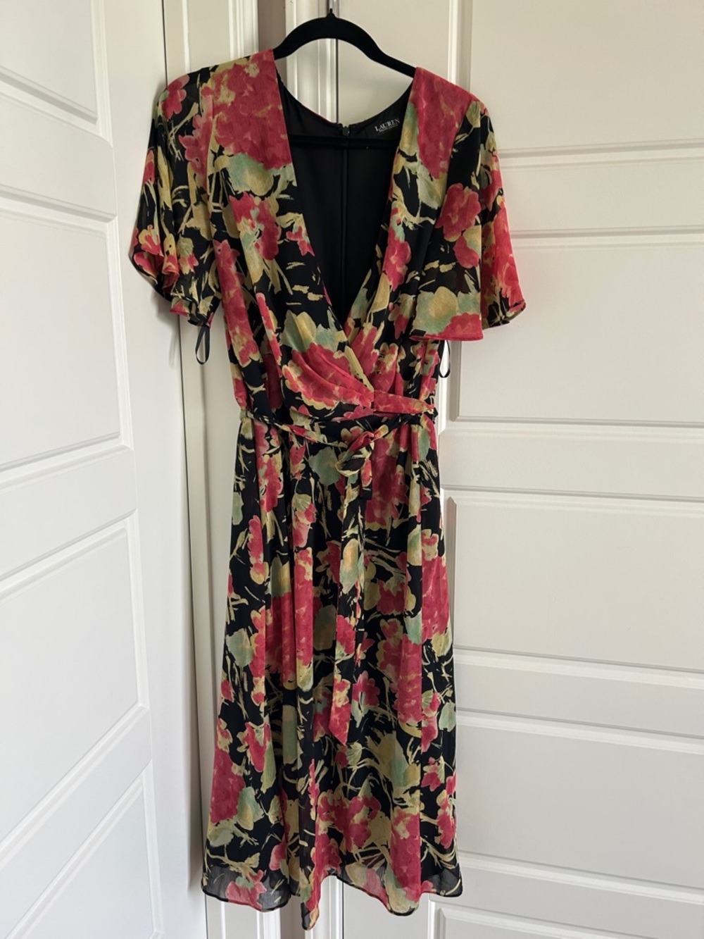 Lauren Ralph Lauren Black Midi Dress with Pink & Green Floral Pattern